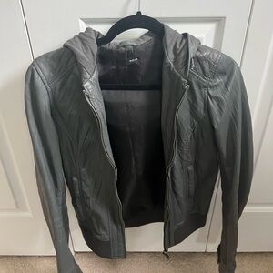 Aqua Leather Bomber Jacket with Hood, Size Small